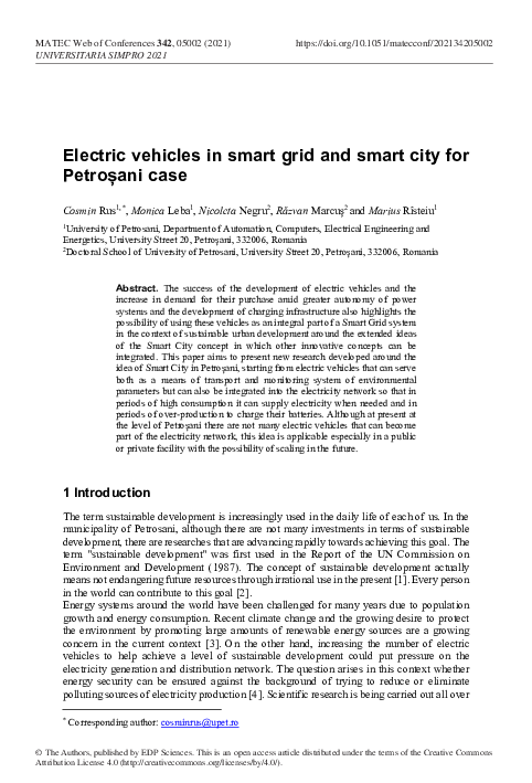 (PDF) Electric vehicles in smart grid and smart city for Petroşani case