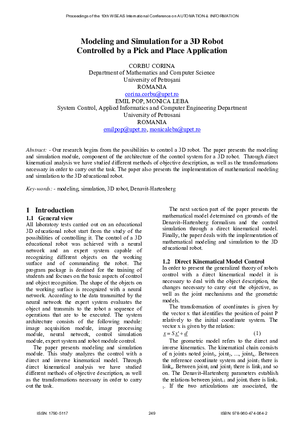 (PDF) Modeling and simulation for a 3D robot controlled by a pick and ...