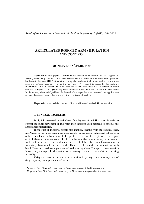 (PDF) Articulated Robotic Arm Simulation and Control