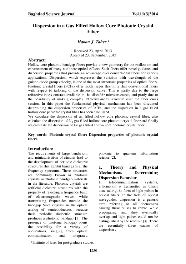 (PDF) Dispersion in a Gas Filled Hollow Core Photonic Crystal Fiber