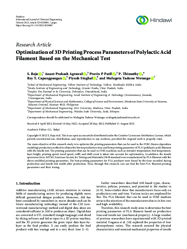 (PDF) Optimization of 3D Printing Process Parameters of Polylactic Acid ...
