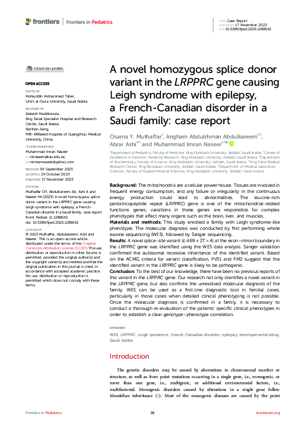 (PDF) A novel homozygous splice donor variant in the LRPPRC gene ...