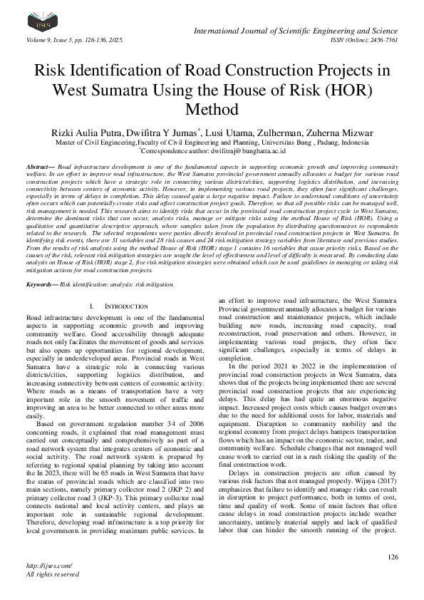 (PDF) Risk Identification of Road Construction Projects in West Sumatra ...
