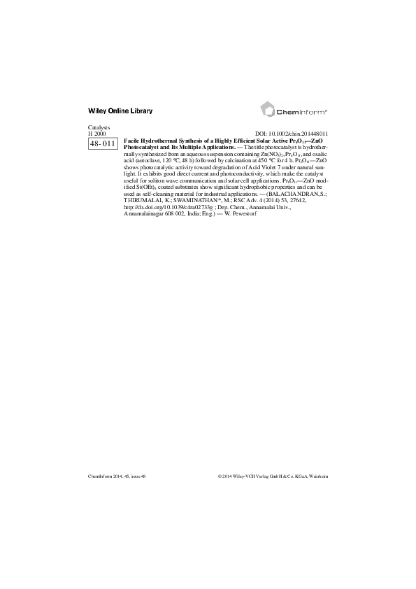 (PDF) ChemInform Abstract: Facile Hydrothermal Synthesis of a Highly ...