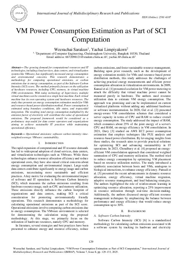 (PDF) VM Power Consumption Estimation as Part of SCI Computation