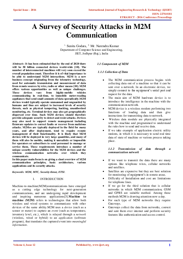 (PDF) A Survey of Security Attacks in M2M Communication