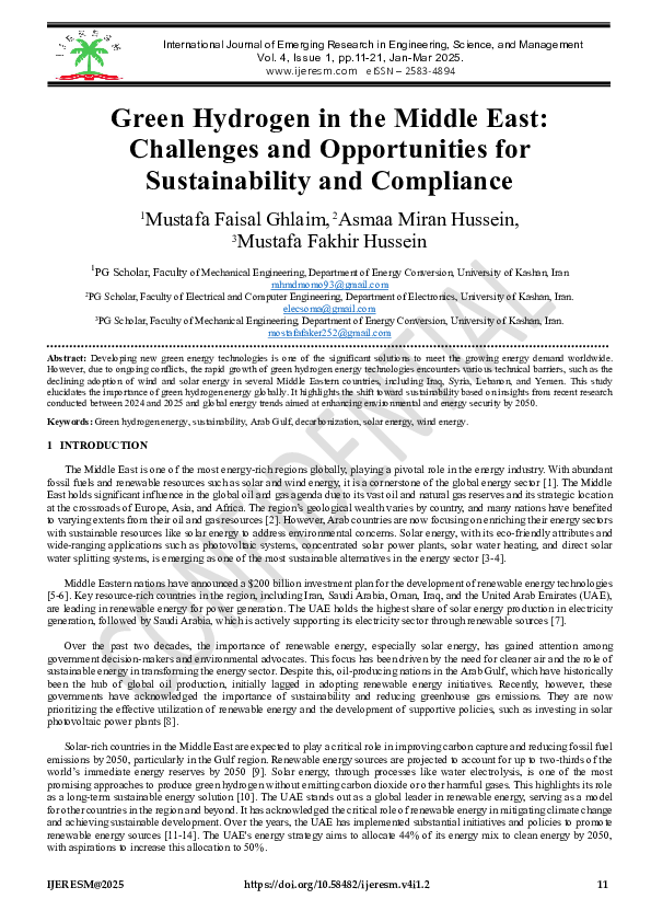 (PDF) Green Hydrogen in the Middle East: Challenges and Opportunities ...