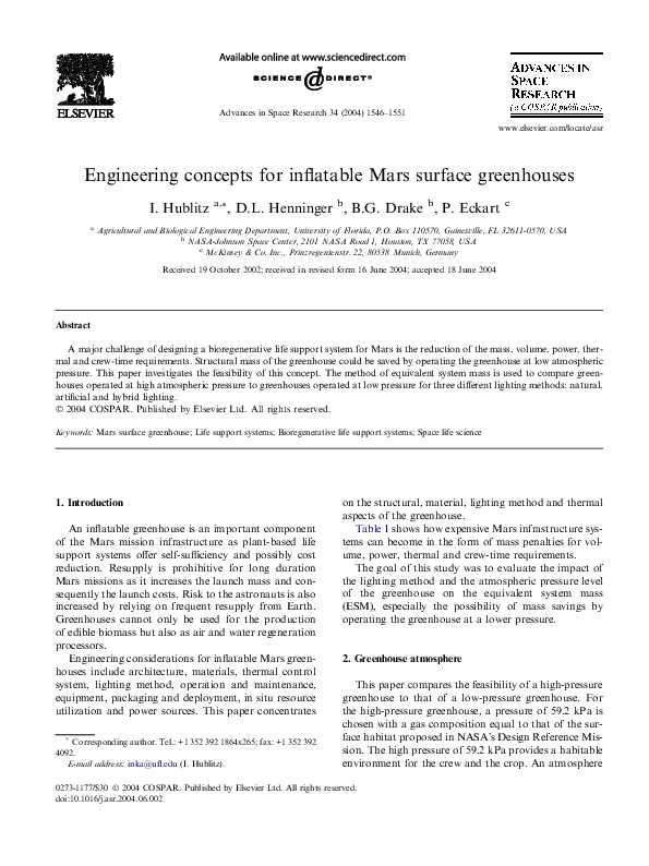 (PDF) Engineering concepts for inflatable Mars surface greenhouses