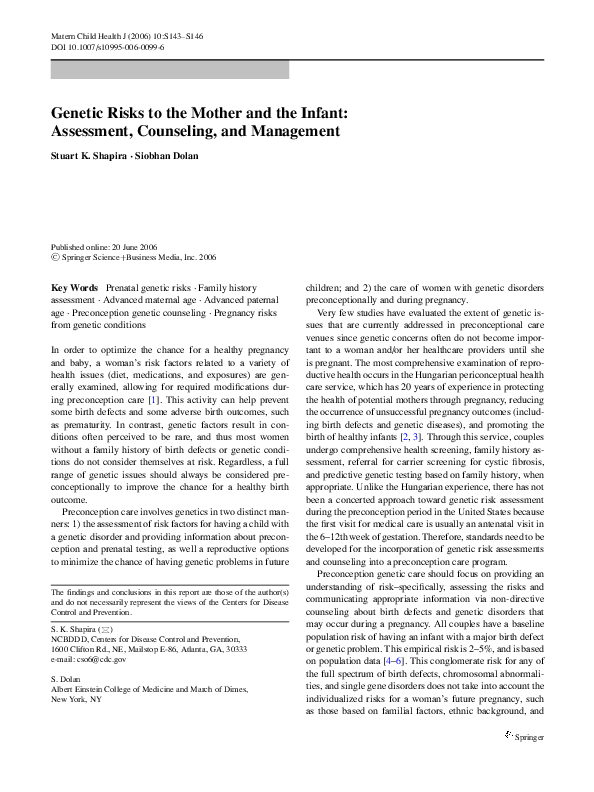 (PDF) Genetic Risks to the Mother and the Infant: Assessment ...