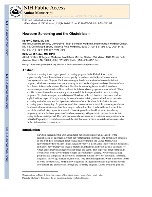 (PDF) Newborn Screening and the Obstetrician