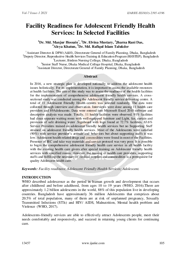 (PDF) Facility Readiness for Adolescent Friendly Health Services: In ...