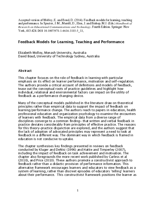 (PDF) Feedback Models for Learning, Teaching and Performance