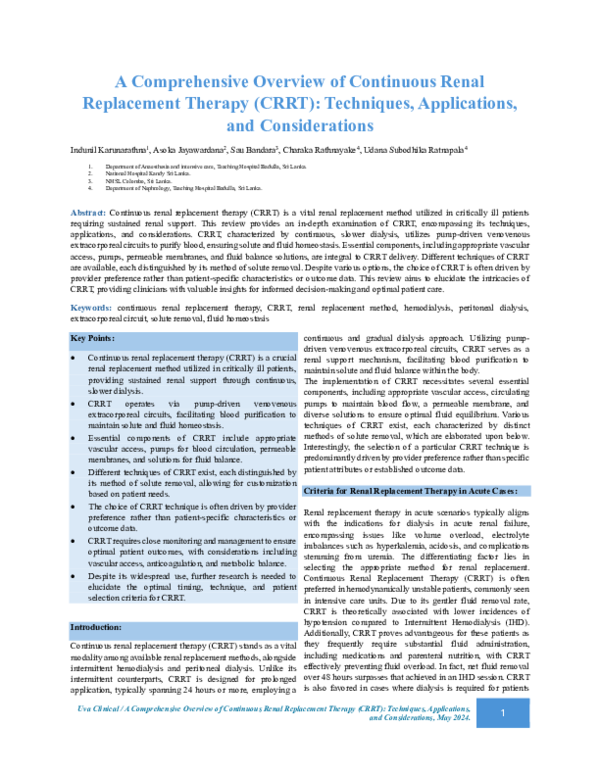(PDF) A Comprehensive Overview of Continuous Renal Replacement Therapy ...