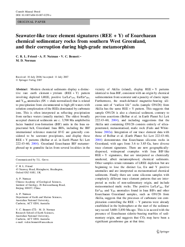 (PDF) Seawater-like trace element signatures (REE + Y) of Eoarchaean ...