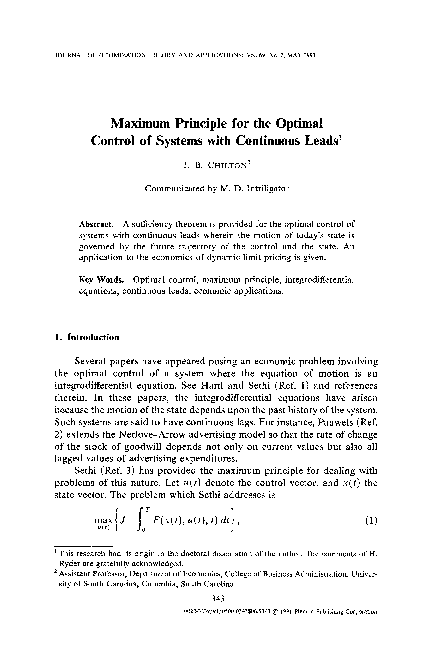 (PDF) Maximum principle for the optimal control of systems with ...