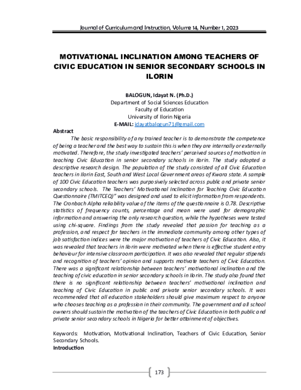 (PDF) MOTIVATIONAL INCLINATION AMONG TEACHERS OF CIVIC EDUCATION IN ...