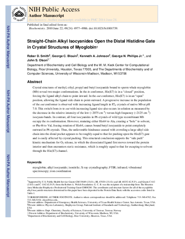 (PDF) Straight-Chain Alkyl Isocyanides Open the Distal Histidine Gate ...