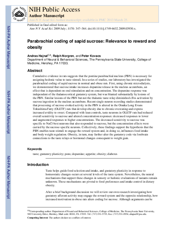 (PDF) Parabrachial Coding of Sapid Sucrose