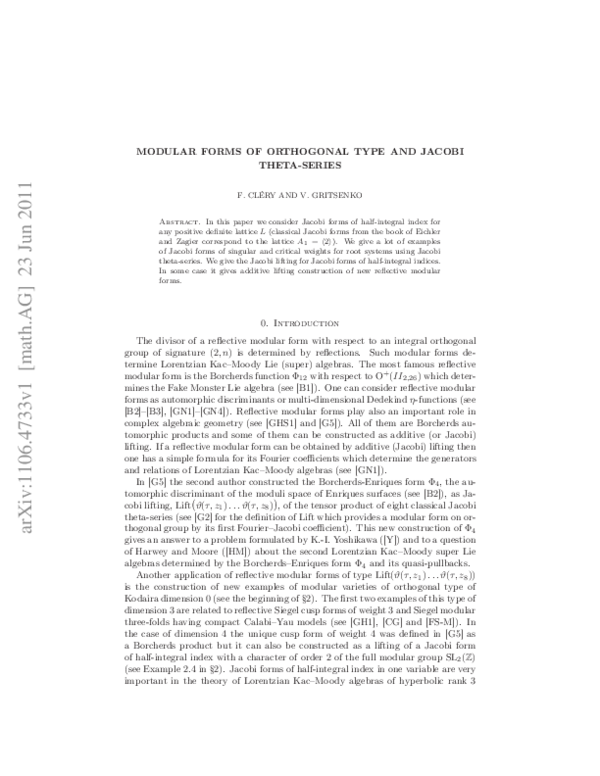 (PDF) Modular forms of orthogonal type and Jacobi theta-series
