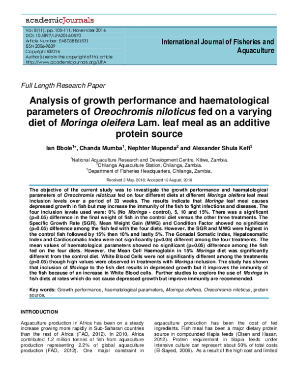 (PDF) Analysis of growth performance and haematological parameters of ...
