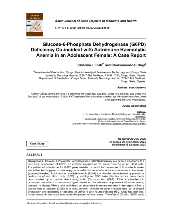 (PDF) Glucose-6-Phosphate Dehydrogenase (G6PD) Deficiency Co-incident ...