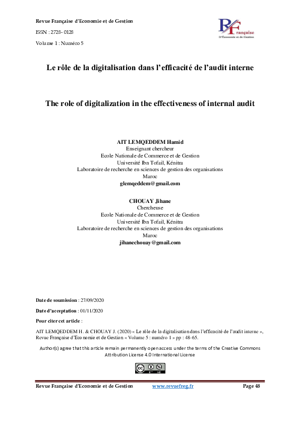(PDF) Le rôle de la digitalisation dans l'efficacité de l'audit interne