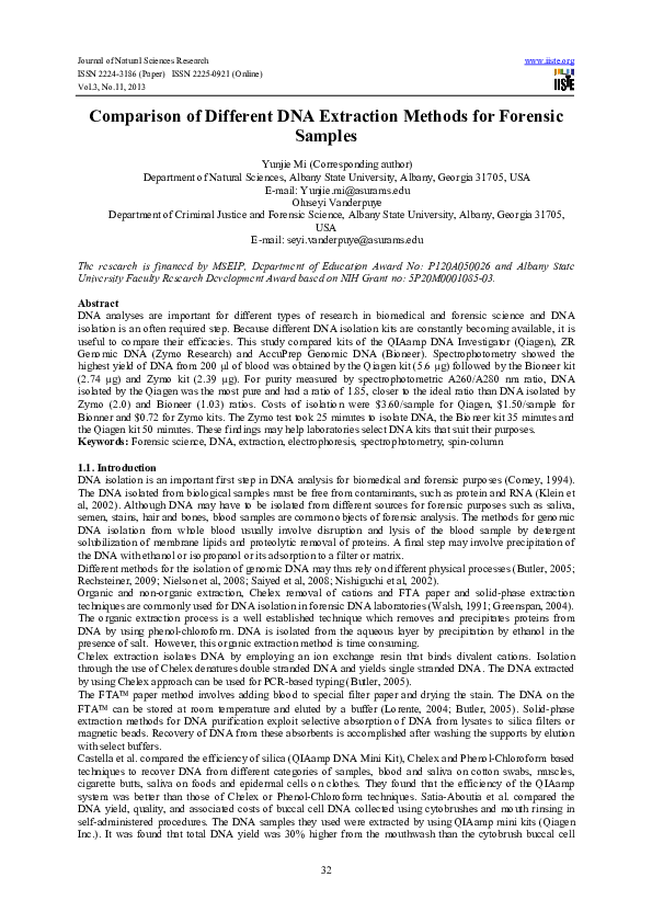 (PDF) Comparison of Different DNA Extraction Methods for Forensic Samples