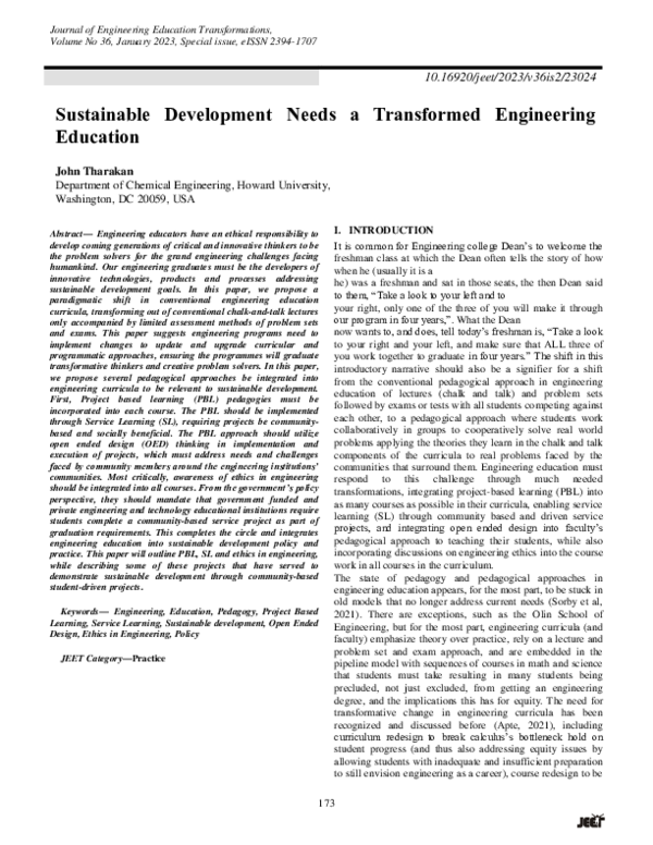 Pdf Sustainable Development Needs A Transformed Engineering Education