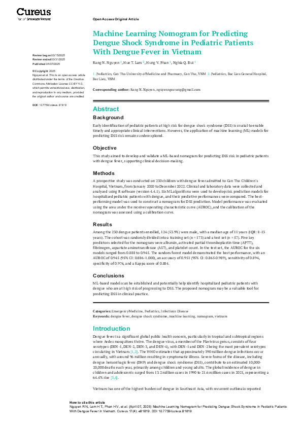 (PDF) Machine Learning Nomogram for Predicting Dengue Shock Syndrome in ...