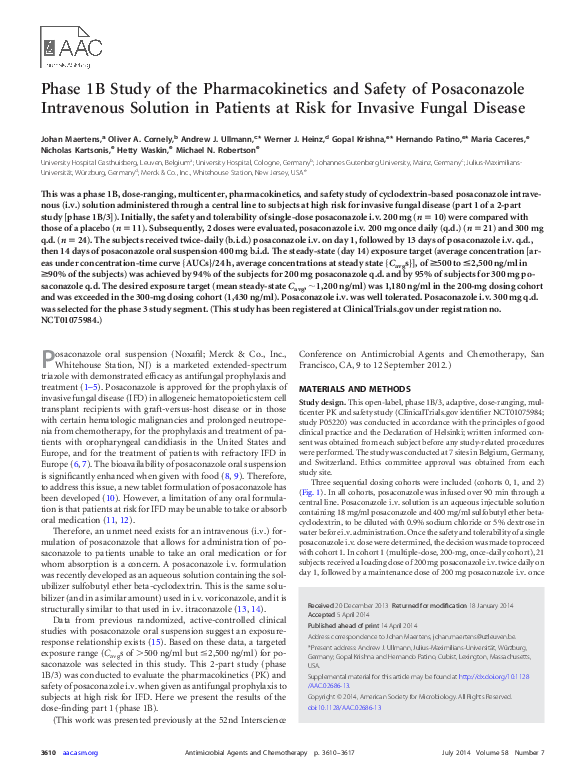 (PDF) Phase 1B study of the pharmacokinetics and safety of posaconazole ...