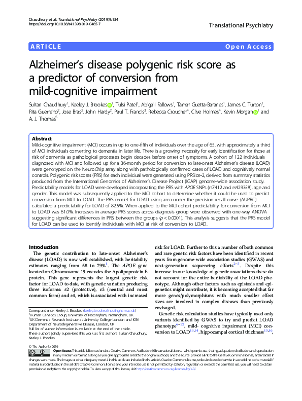 (PDF) Alzheimer’s disease polygenic risk score as a predictor of ...