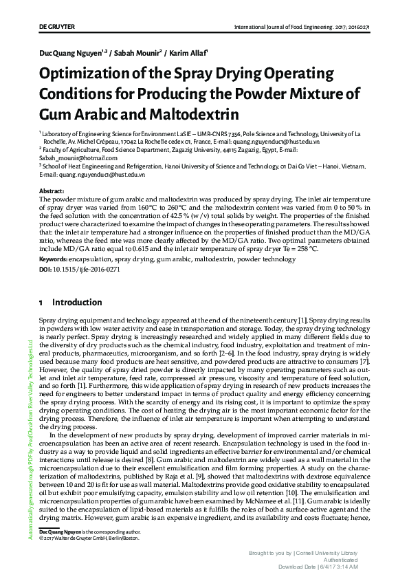 (PDF) Optimization of the Spray Drying Operating Conditions for ...