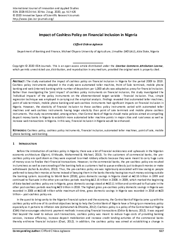 (PDF) Impact of Cashless Policy on Financial Inclusion in Nigeria