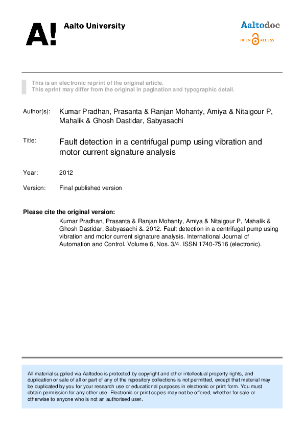 (PDF) Fault detection in a centrifugal pump using vibration and motor ...