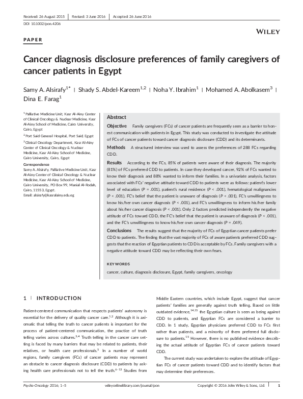 (PDF) Cancer diagnosis disclosure preferences of family caregivers of ...