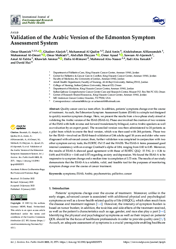(PDF) Validation of the Arabic Version of the Edmonton Symptom ...
