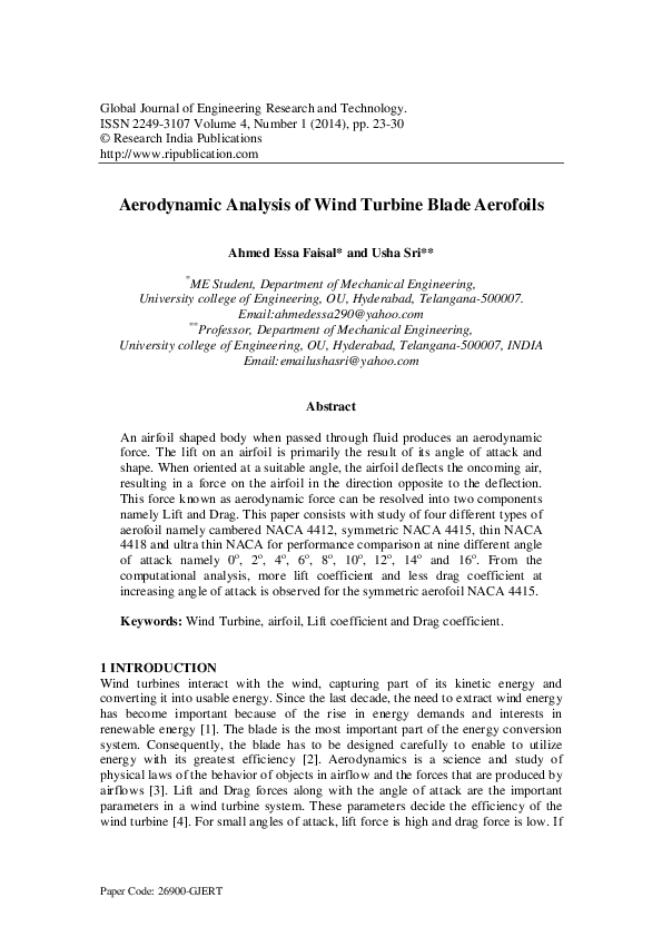 (PDF) Aerodynamic Analysis of Wind Turbine Blade Aerofoils