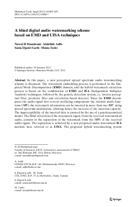 (PDF) A blind digital audio watermarking scheme based on EMD and UISA ...