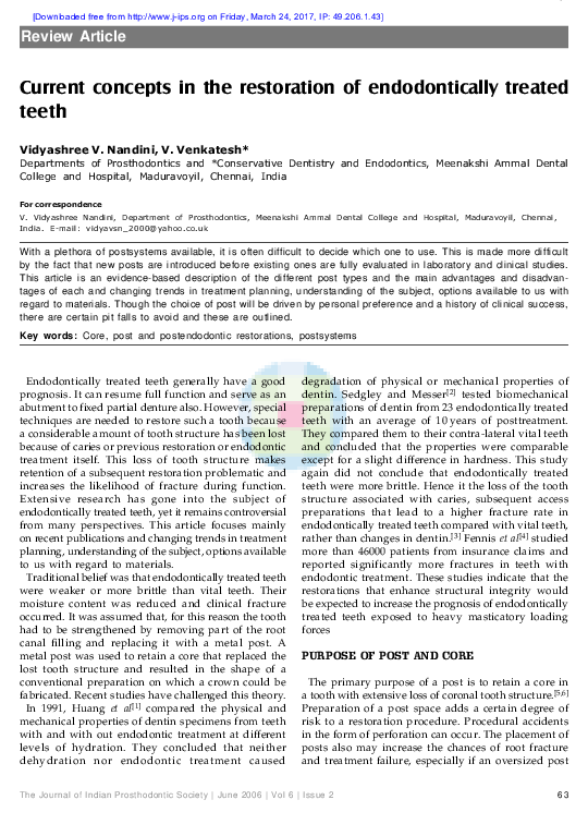 (PDF) Current concepts in the restoration of endodontically treated teeth