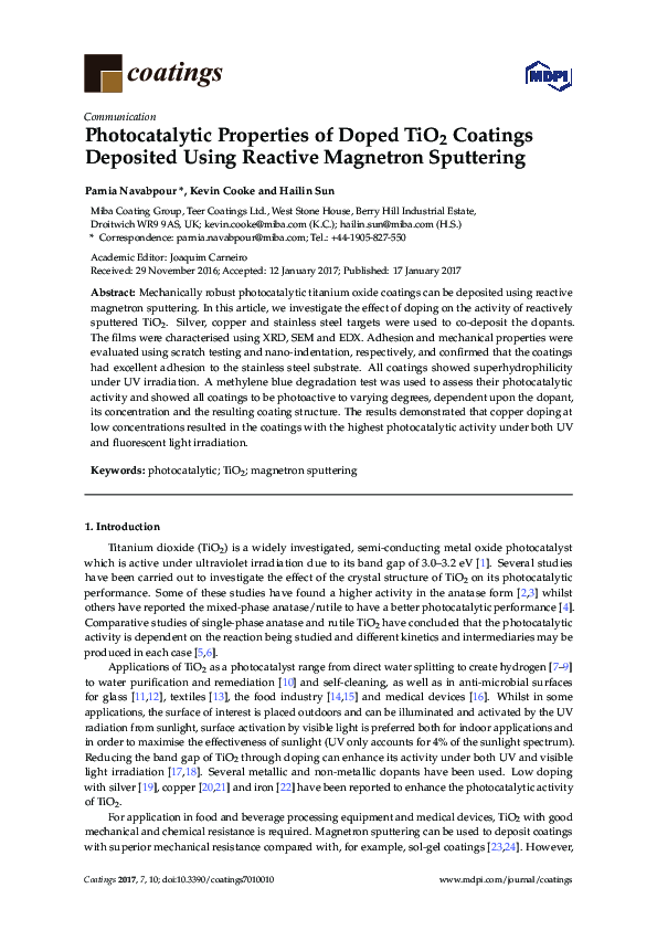 (PDF) Photocatalytic Properties of Doped TiO2 Coatings Deposited Using ...
