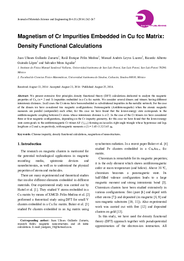 (PDF) Magnetism of Cr Impurities Embedded in Cu fcc Matrix: Density ...