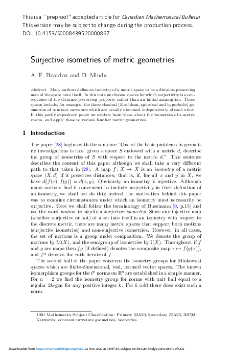 (PDF) Surjective isometries of metric geometries