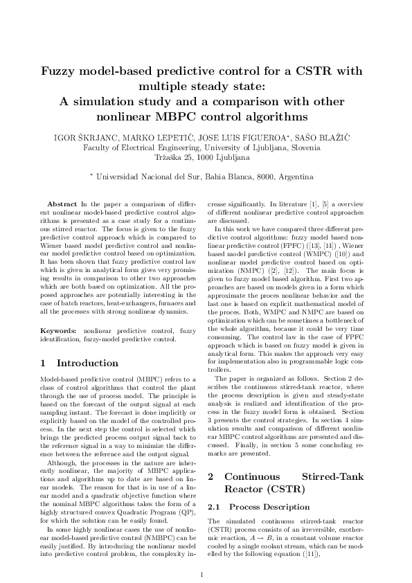 (PDF) Fuzzy model-based predictive control for a CSTR with multiple ...
