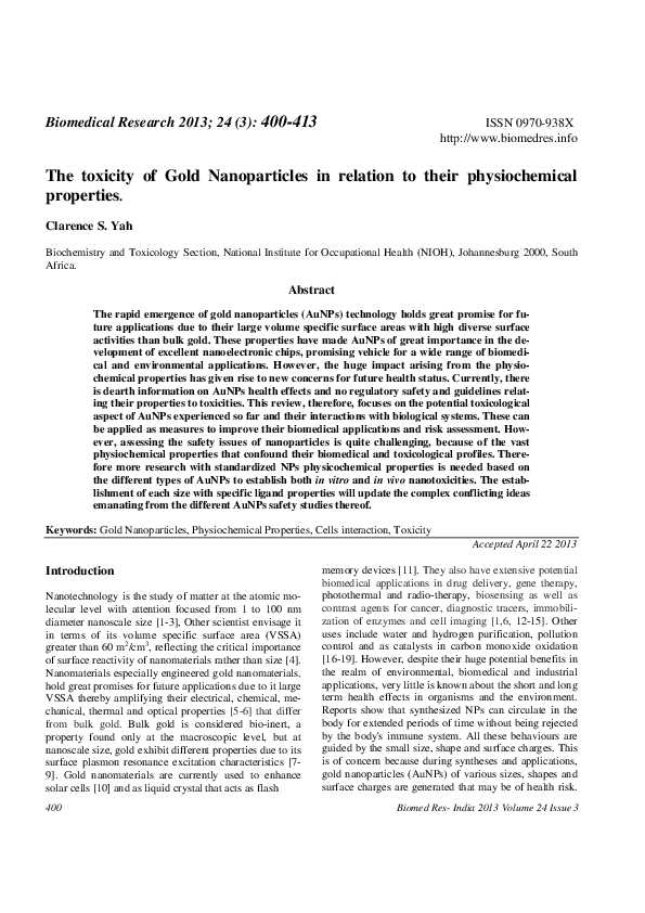 (PDF) The toxicity of Gold Nanoparticles in relation to their ...