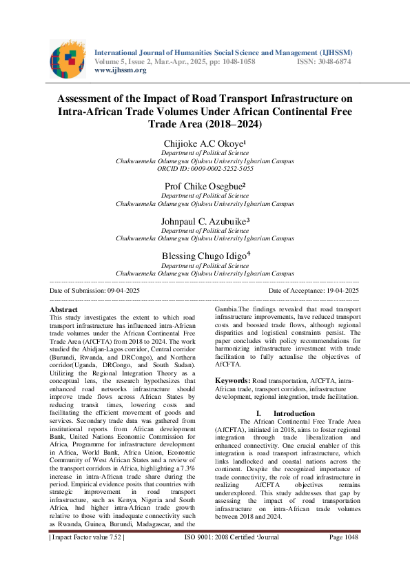 (PDF) Assessment of the Impact of Road Transport Infrastructure on ...