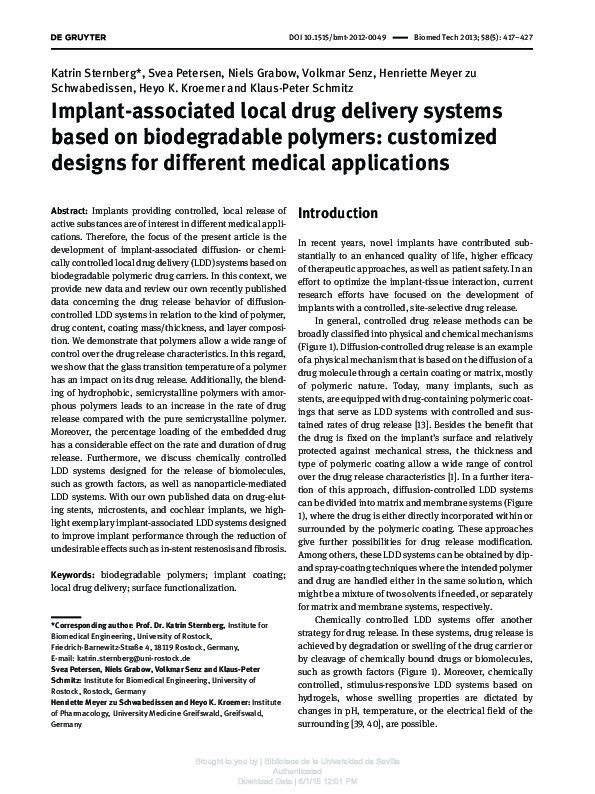 (PDF) Implant-associated local drug delivery systems based on ...