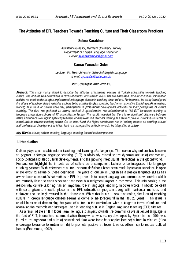 (PDF) The Attitudes of EFL Teachers Towards Teaching Culture and Their ...