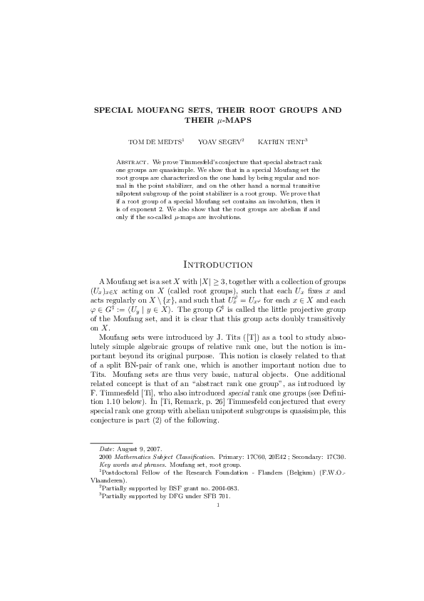 (PDF) Special Moufang sets, their root groups and their μ-maps