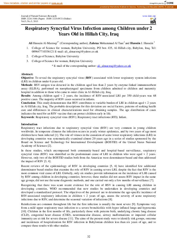 (PDF) Respiratory Syncytial Virus Infection among Children under 2 ...