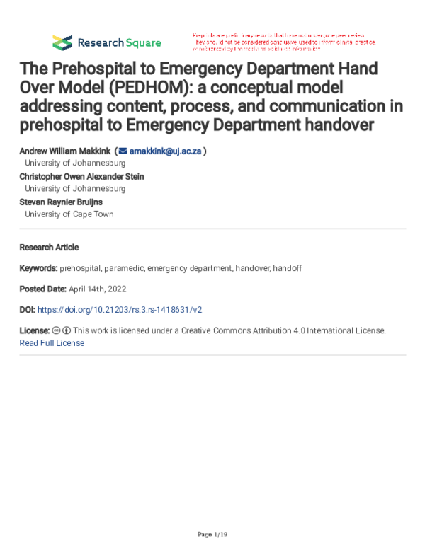 (PDF) The Prehospital to Emergency Department Hand Over Model (PEDHOM ...